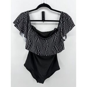 Hayden Geometric Ruffled, Off Shoulder One Piece Swimsuit Black/White Large NWT